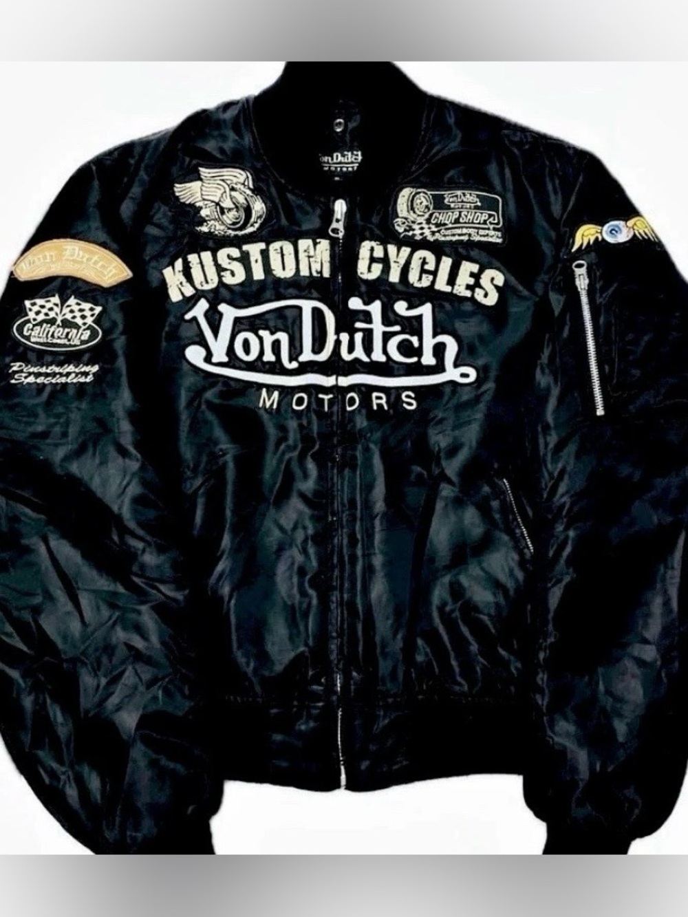 🔥VON DUTCH MOTORS VINTAGE KUSTOM KULTURE BLACK MA-1 BOMBER BIKER JACKET!